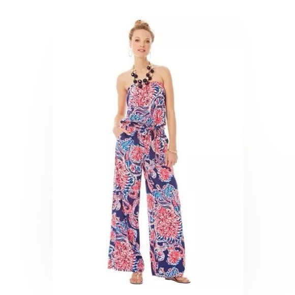Lilly Pulitzer Women’s XXS Halibut Farrah Strapless Wide-Leg Jumpsuit w/Pockets - Picture 1 of 16